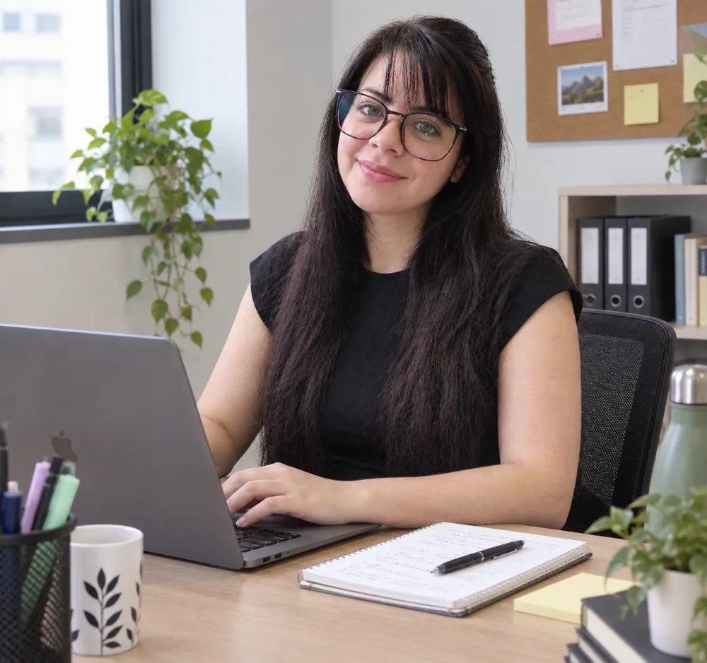 Alexandra trabajando con su portátil en la oficina